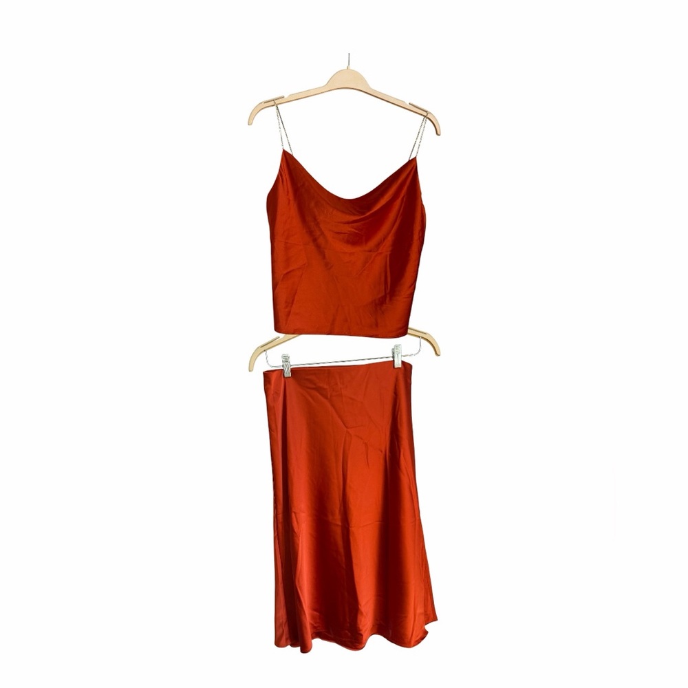 House of Harlow Red Satin Coord Midi Skirt & Crop Top Cami Set Rhinestone Straps